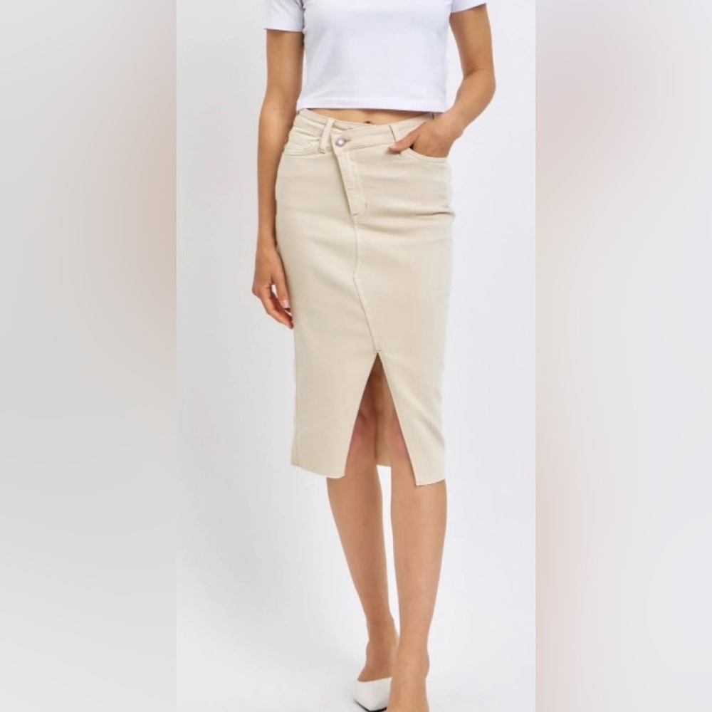Judy Blue Bone Denim High Rise CrissCross Waist Front Slit Mid Length Skirt